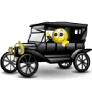Smiley driving an old car